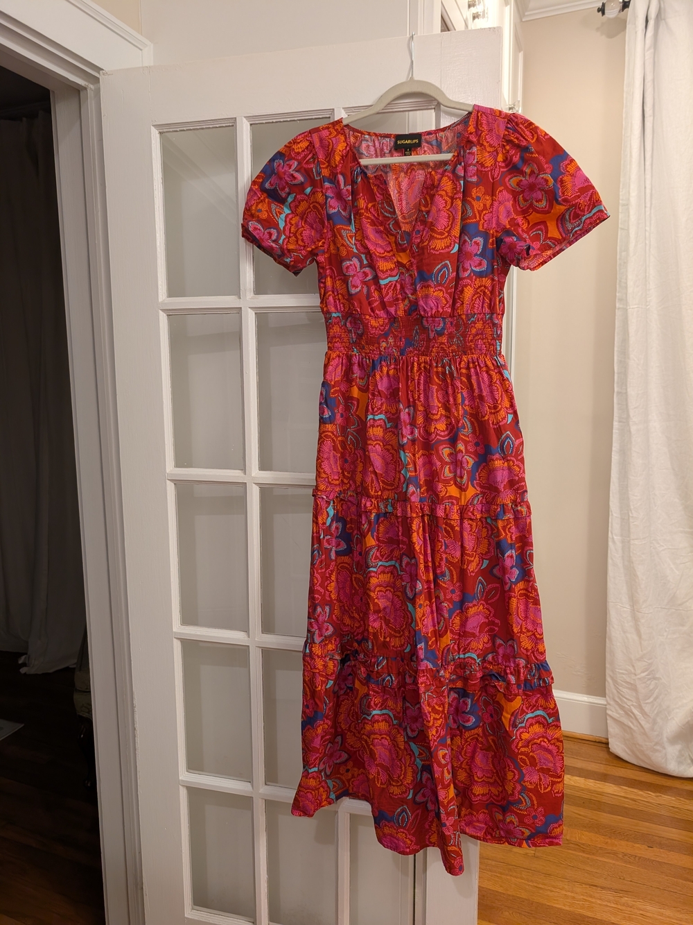 Sugarlips Pink & Orange Floral Maxi Dress with Puff Sleeves